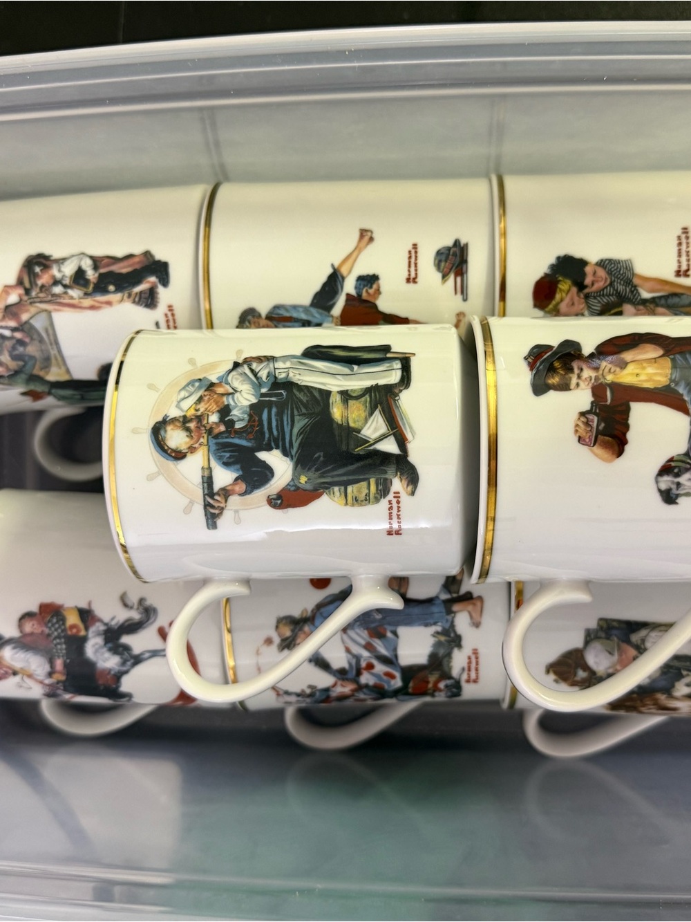 Norman Rockwell White Porcelain Coffee Mugs - Set with Gold Trim
